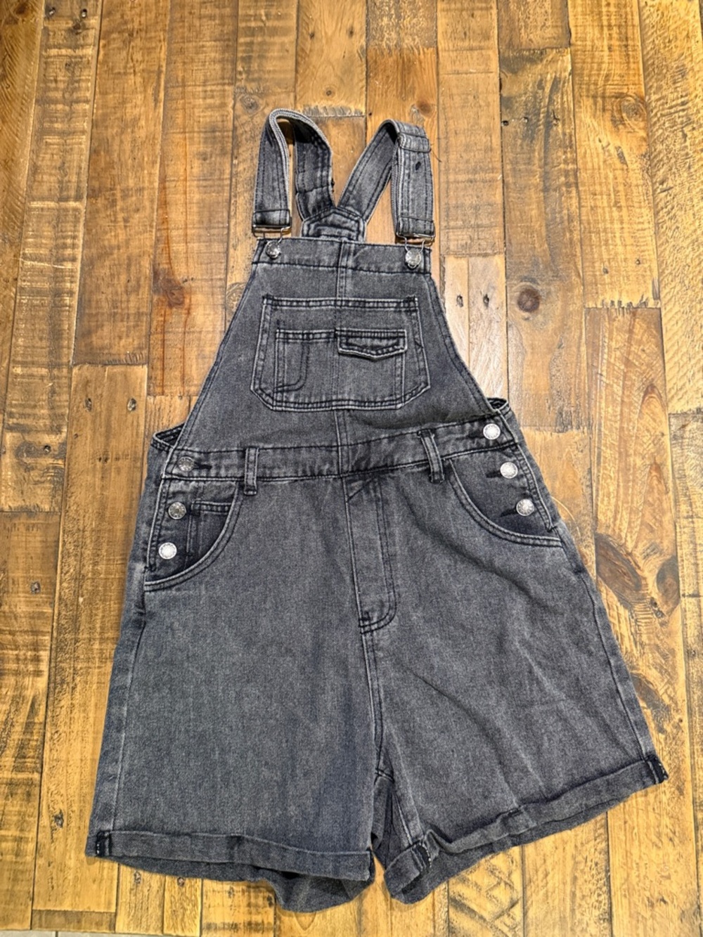 Womens Washed Black Denim Short Overalls